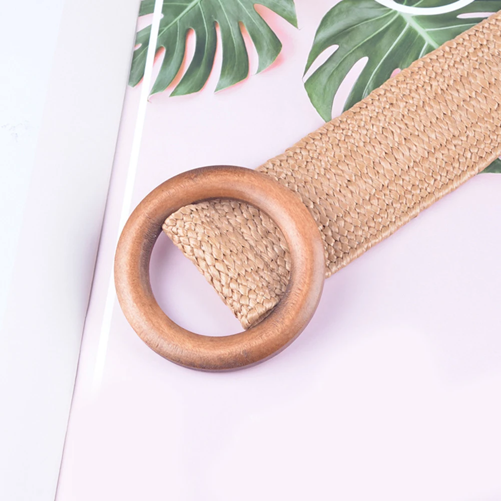 

2019 New Women Braided Belt Solid Color Wooden Buckle Ladies Casual Waist Belt Fashion Elastic Straw Belt Wide Woven Waistband