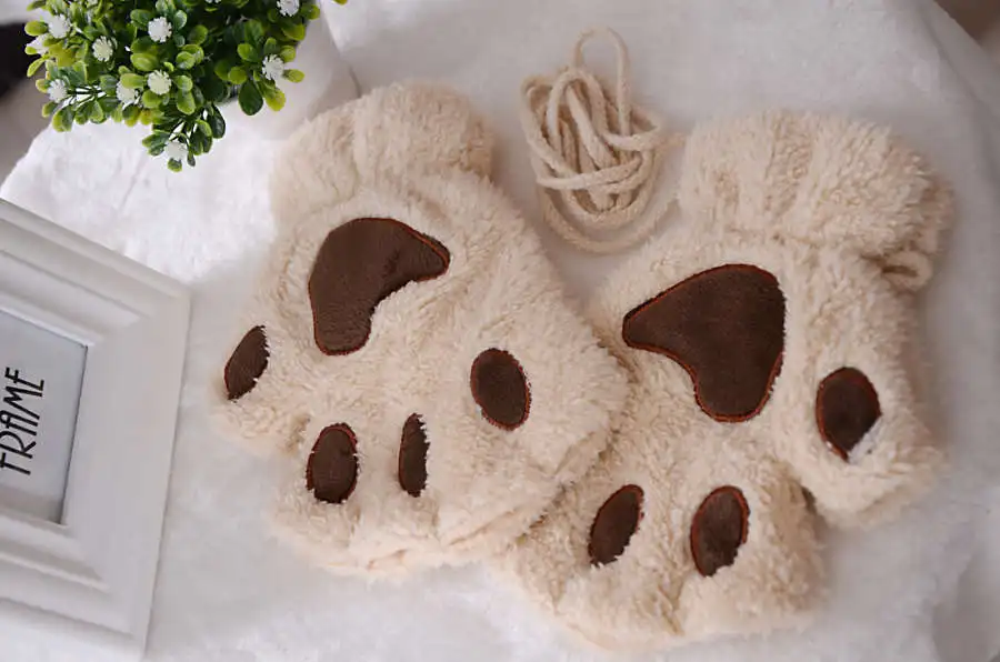 Модные зимние теплые детские перчатки для девочек с котом, без пальцев, милые кошачья лапа с когтями, плюшевые перчатки, варежки, мягкие перчатки