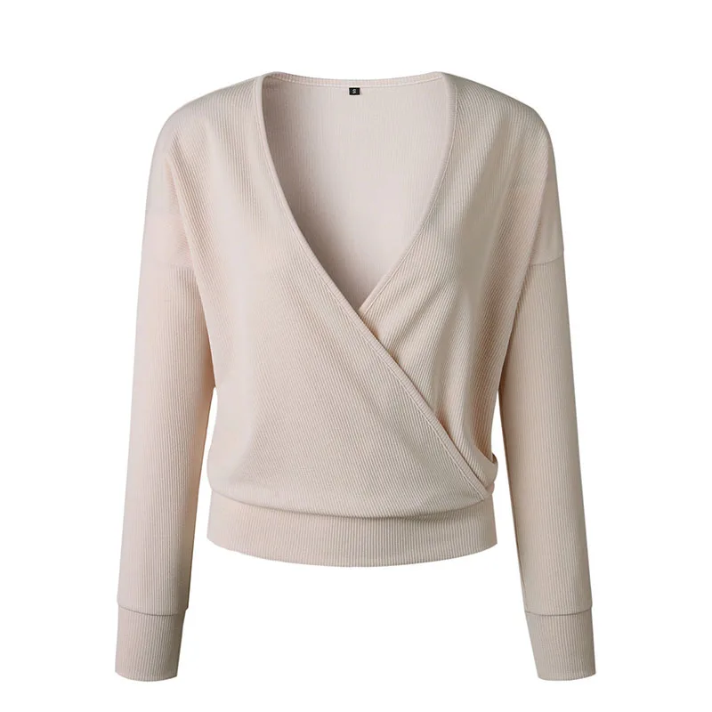 Beige Knitting Sweater Tops deep V-Neck Grey Long Warm Winter Female cross sexy Solid Black Women Pullover Crop Short Sweaters | Женская