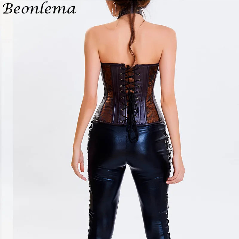 

Beonlema Punk Rock Women Vintage Corset Neck Chocker Belt corselet Bodice Overbust espartilho Sexy Club Clothing Brown Busiters