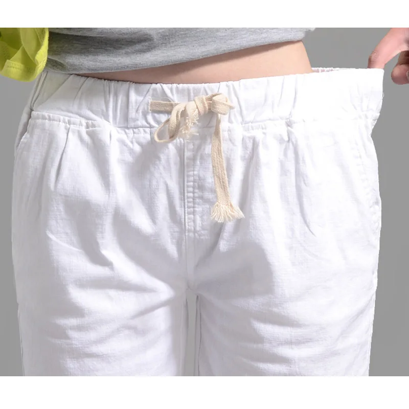 Этнические женские шорты большие размеры эластичная резинка на талии льняные