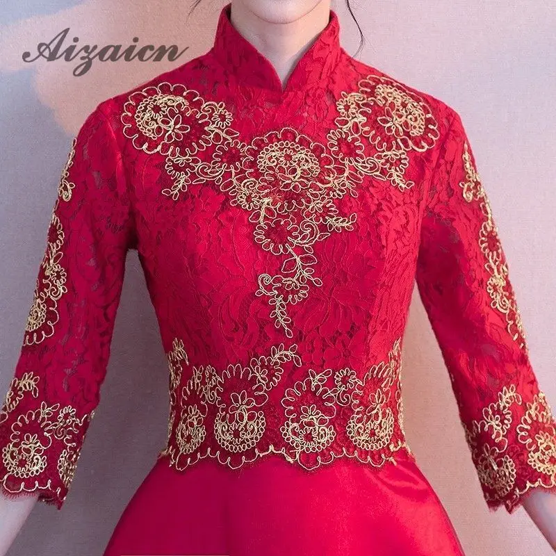 

Traditional Chinese Style Oriental Evening Dress Red Lace Cheongsam Embroidery Mesh Modern Qipao Summer Women Sexy Flowers