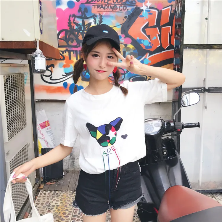 2017 новый прибыл женщины мило с коротким рукавом рубашки хлопок o шея мультфильм