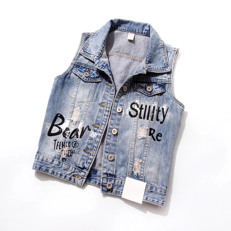 Женский джинсовый жилет без рукавов короткий с принтом бриллиантов Повседневный
