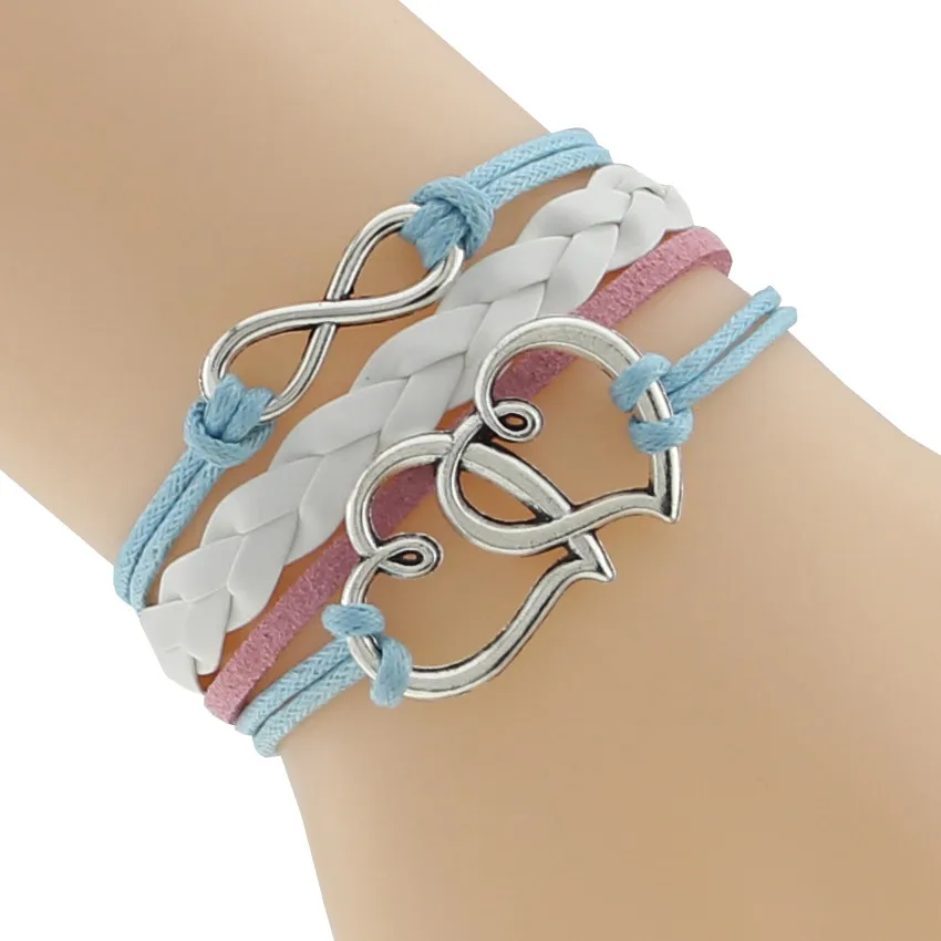 Бесконечность Двойное сердце любовь ПУ кожаный браслет плетеный Плетеный Прямая