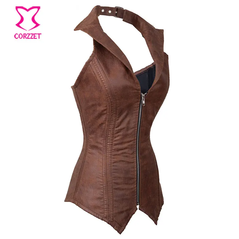 Винтажный Коричневый корсет из искусственной кожи в стиле стимпанк корсеты для