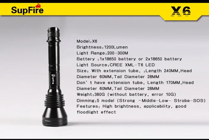 SupFire X6 Cree T6 1200 люмен Водонепроницаемый 5 Режим 10 Вт светодиодный фонарик Перезаряжаемые факел 18650 Батарея