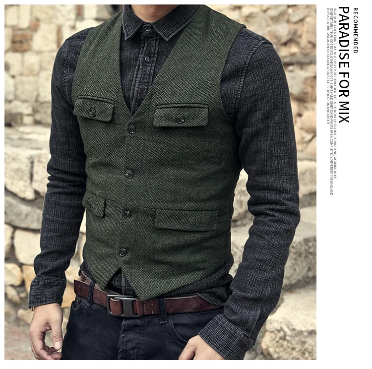 Для мужчин новые зимние army green шерстяные мульти-Карманы костюм жилет slim Для мужчин военные брендовая Повседневная Европейский стиль жилет M127