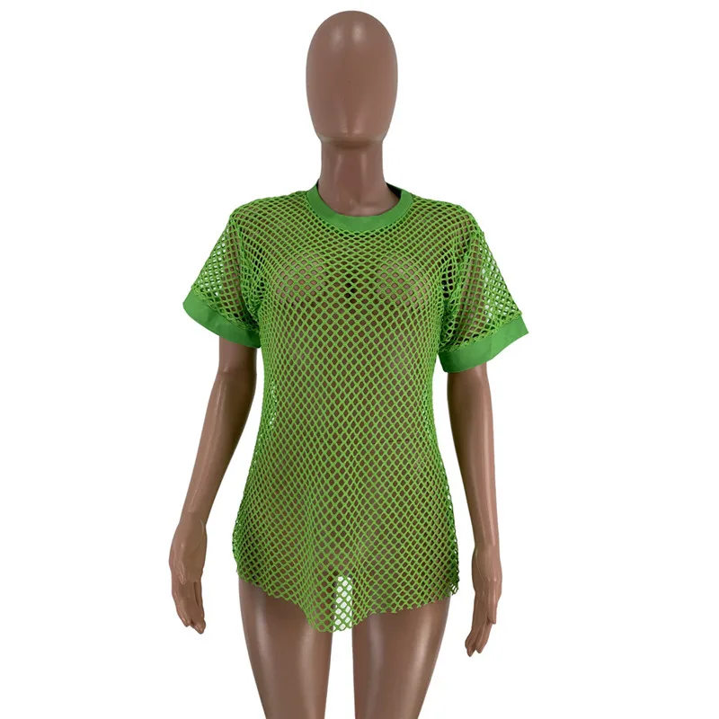 Сетчатая Прозрачная Футболка платье Пляжная накидка женское прозрачное летнее с