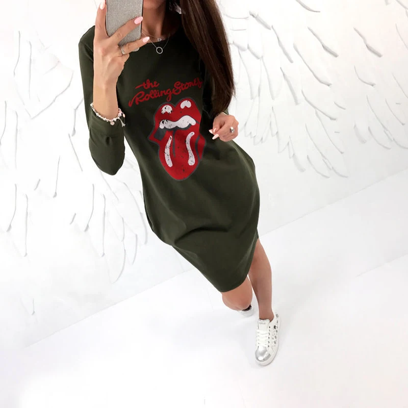 Женское Забавное платье-футболка 2018 осеннее платье-чокер повседневные свободные