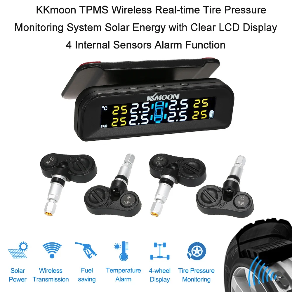 

KKmoon TPMS Tire Pressure Monitoring System Wireless Real-time Solar Energy Clear LCD Display 4 Internal Sensors Alarm Function