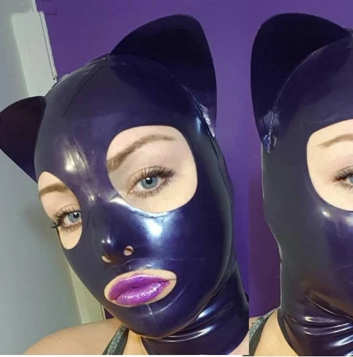 Латексные Маска кошка с ресницами и розовыми ушками женские латексные капюшоны |