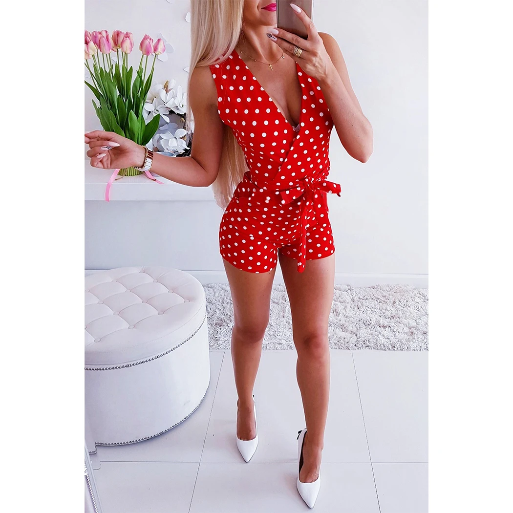 Женский Облегающий комбинезон в белый горошек боди без рукавов с v образным