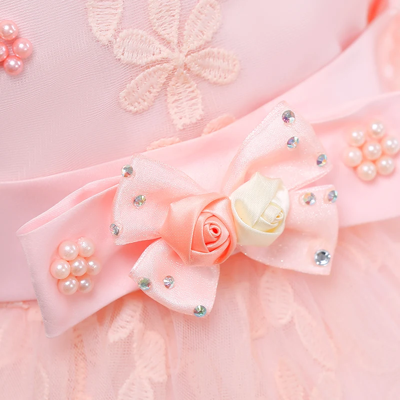 

Pink Beading Embroidery Wave Hemline Princess Flower Girls Dress With Shawl Elegant Lace Girls Party Gown Dress