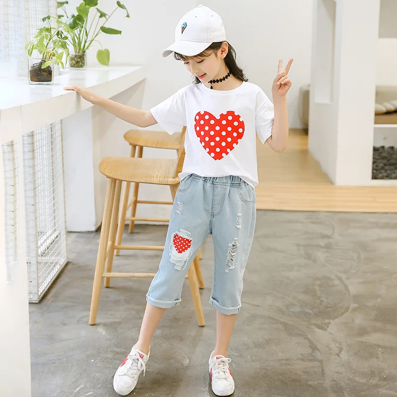 kids summer clothes Комплект одежды для девочек, летняя одежда для девочек, короткий рукав, принт с сердцем+ рваные джинсовые шорты Детская одежда размеры для детей 6, 8, 10, 12 лет - Цвет: kids summer clothes