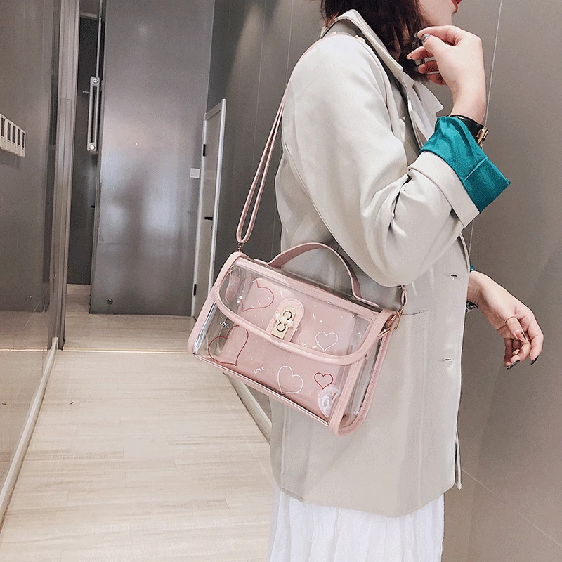 Женская модная прозрачная сумка через плечо с принтом сердечек и жемчужным