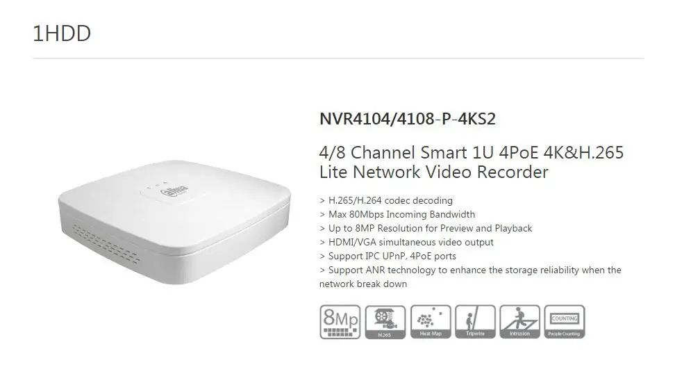Dahua NVR NVR4104-P-4KS2 NVR4108-P-4KS2 4 PoE порты видеомагнитофон 4Ch/8CH Smart Mini 1U до 8MP разрешение макс 80 Мбит/с H.265