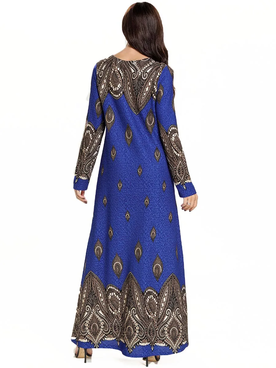 

Elegant Muslim Hot Stamping Abaya Women Long Sleeve Ethnic Maxi Dress Plus Size Dubai Islamic Arabic Ramadan Robe Gown VKDR1714