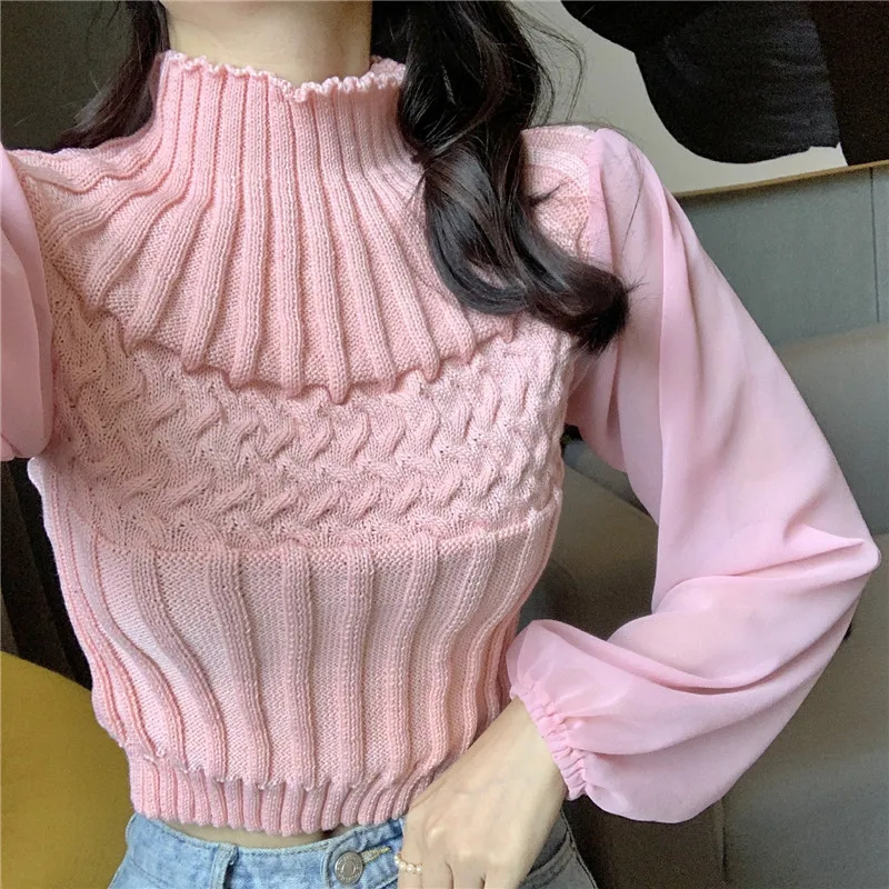 OllyMurs New Fashion Women Slim Knitted Sweater Chiffon Stitching Ladies O-neck Sexy Short Tops Sweaters Lantern Sleeve Knitwear | Женская