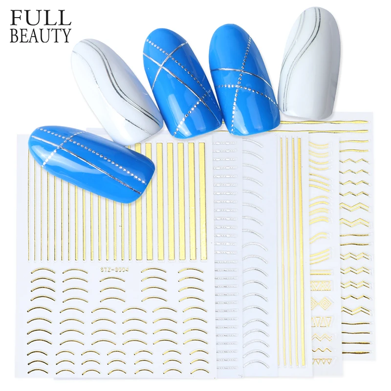Золотые стикеры 3D на ногти Nail Art Наклейки геометрические DIY кривые полосы линии фольги для ногтей Стикеры Маникюр Клей Советы CHSTZG001-013