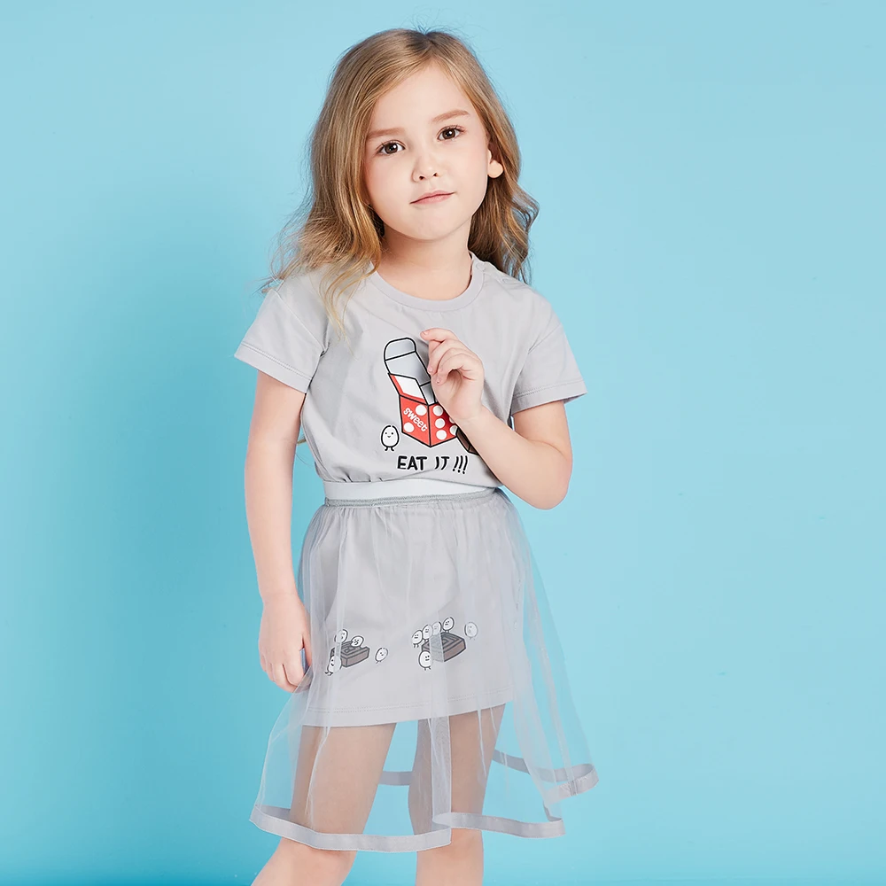 Balabala Girls Clothes Sets 2018 New Summer cotton Fashion Cartoon Printed T-Shirts+lace Dress 2Pcs Chidlren Clothing | Детская одежда