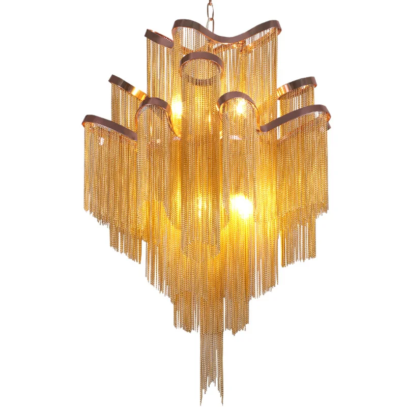 

Modern Luxury Silver Gold Aluminium chain fringed Pendant Lamp Luxury Stair Pendant Hanging Light for Home Hotel Decoration