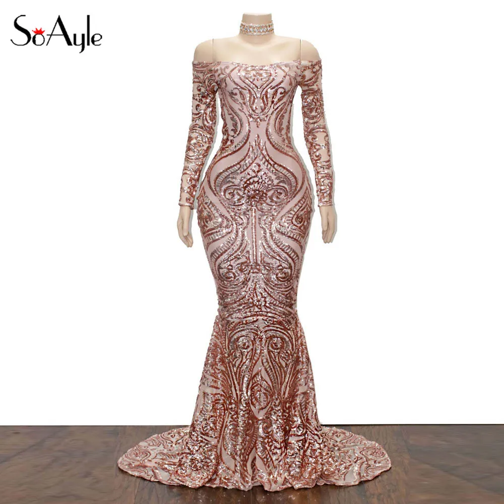 

SoAyle Real Sample Luxury Sequined Boat Neck Mermaid Evening Dresses For Wedding Party Prom Dresses Long Vestidos de festa H