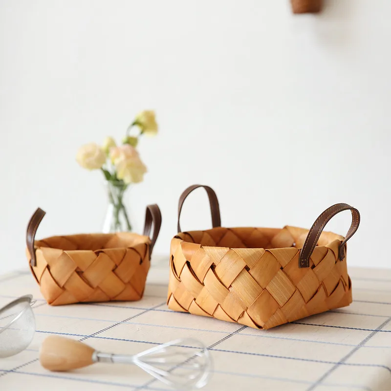 

Craetive Handmade Woven Wooden Baskets Vegetable Fruit Bread Food Storage With Handle Camping Picnic Flower Snacks Bag