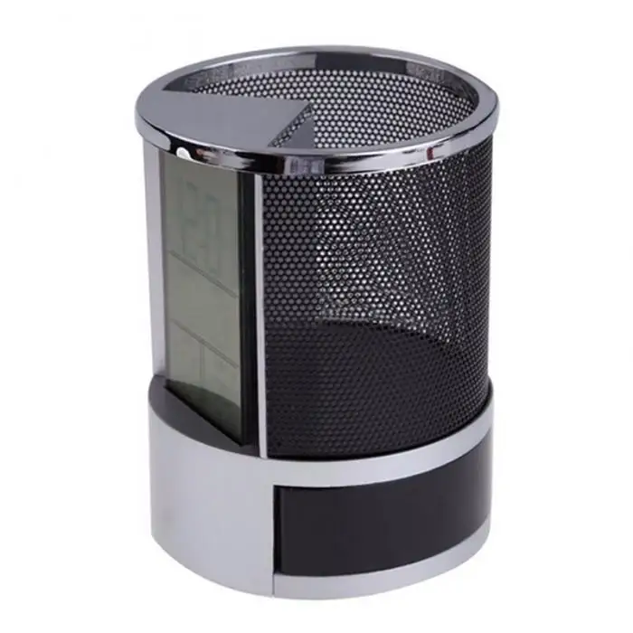 Multifunction Pen Pencil Holder Digital Calendar Alarm Clock Time Temp Function Metal Mesh For Home Desk Office Supplies WXV Sal