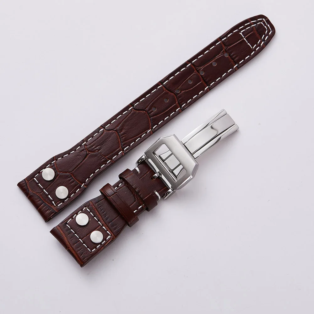 Кожаные ремешки ручной работы для часов IWC Pilot's Watch Band 20 мм 22 мм коричневый черный ремешок Бабочка Пряжка