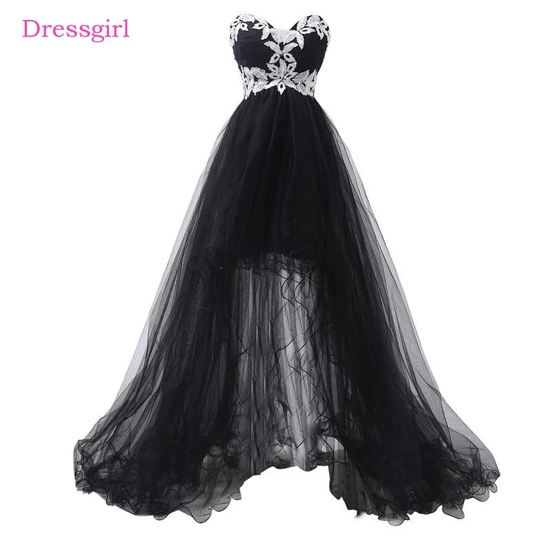 

Black Evening Dresses A-line Sweetheart Tulle Appliques Lace Hi Low Elegant Long Evening Gown Prom Dress Robe De Soiree