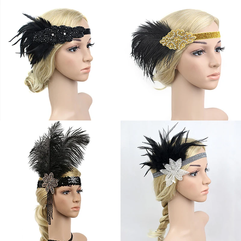 1920s винтажные вечерние головные уборы Гэтсби, черные стразы, бисерные Блестки для волос, Женская повязка на голову с перьями, аксессуары для волос