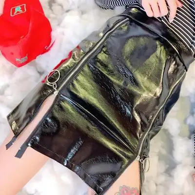 Ulzzang порт уход машина лазер серебро студентка Девушка молния Половина юбка - Цвет: Черный