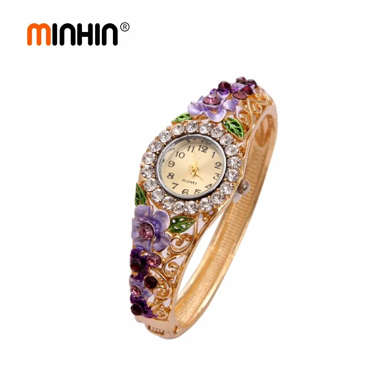 MINHIN, женские модные часы, ювелирные изделия, позолота, кристалл, цветок, женское платье, кварцевые часы, повседневные наручные часы, фирменный дизайн