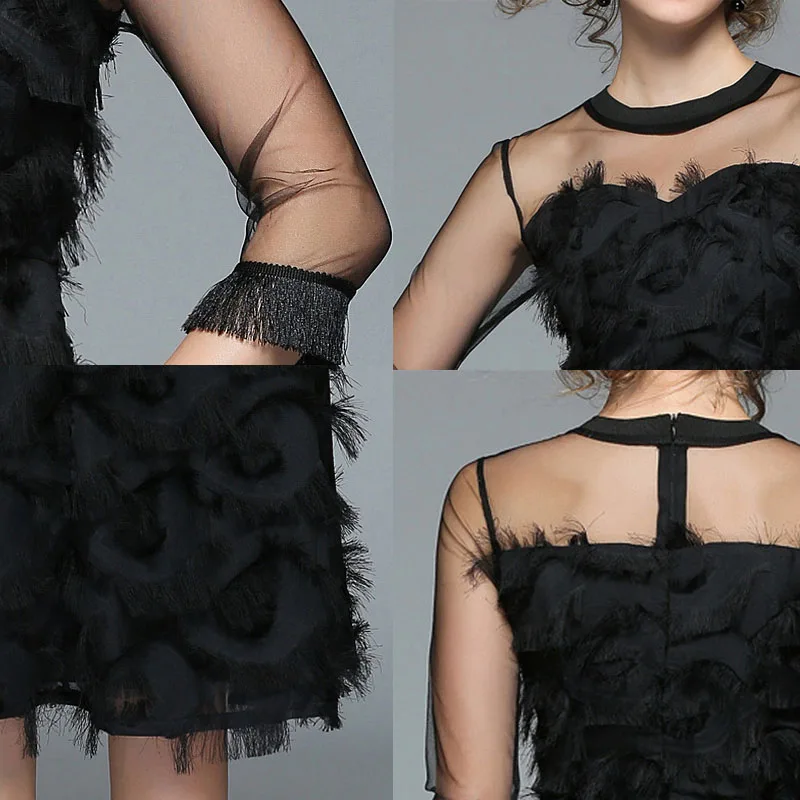 Черное платье с бахромой в стиле пэчворк весна лето 2018 элегантное на молнии