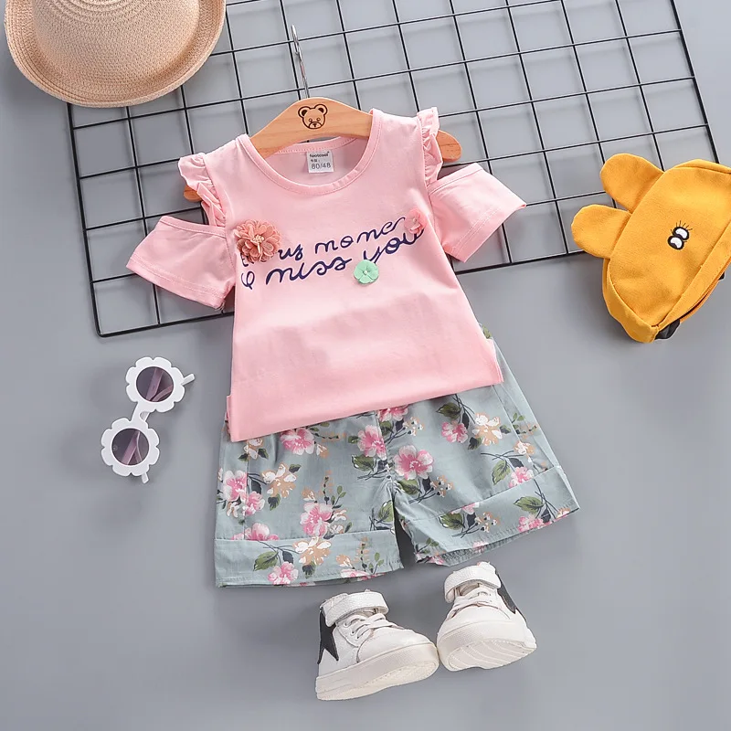 Летние комплекты одежды для девочек хлопковая футболка маленьких топы + шорты