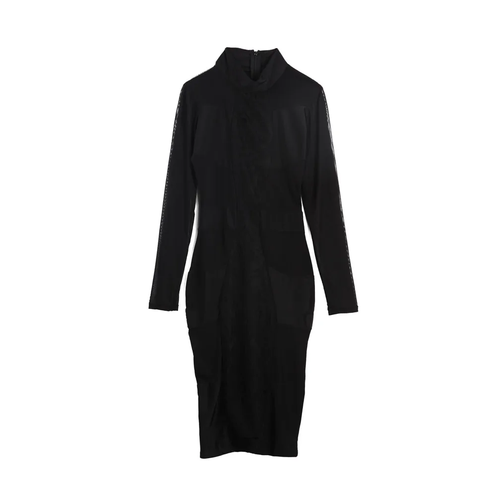 Women Dress Ladies Summer Sexy Fashion Long Sleeve Black Tulle Perspective Bodycon Evening Party Pencil Club 2020 Hot | Женская одежда