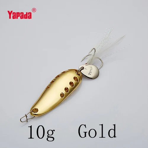 YAPADA ложка 015 Сплетница 10 г/15 г тройной крючок+ перо+ Блестки многоцветный 49 мм/54 мм металлическая ложка рыболовные приманки - Цвет: Gold 10g