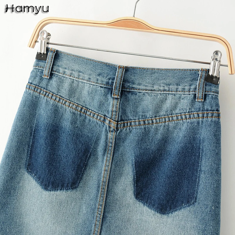 

2017 New Fashion Spring Women American Street Style Bottom Fly Burr Hemline Design Heavy Washed Pockets Slim A-Line Mini Skirt