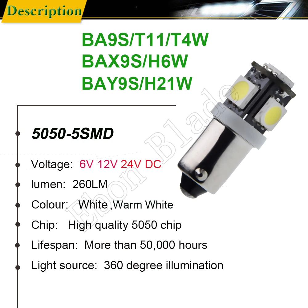 2 x BA9S BAX9S BAY9S H21W Автомобильный светодиодный лампы 5SMD авто автомобиль купол обратный Pakring светильник клиновидные боковые лампы теплый белый 6 в, 12 В, 24 В постоянного тока