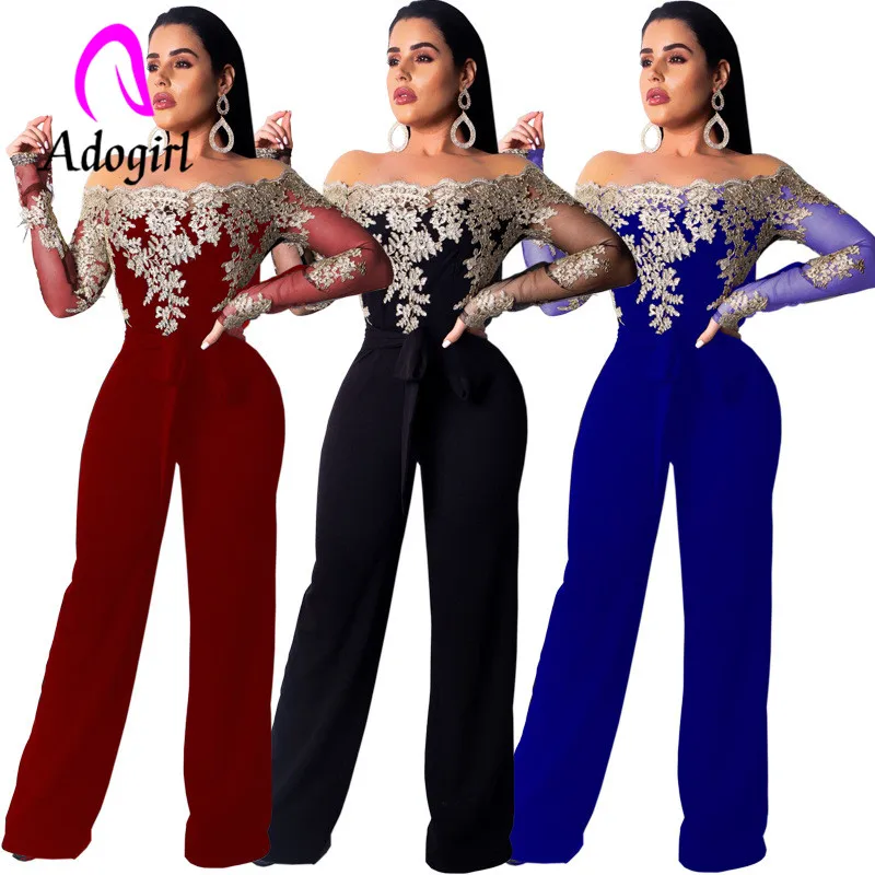 Adogirl golden embroidery jumpsuits wide leg long sleeve slash neck Water soluble lace jumpsuit floral suit | Женская одежда