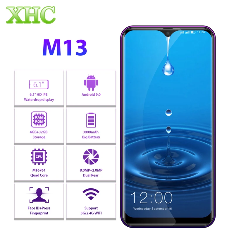LEAGOO M13 Android 9,0 6," смартфон с каплями воды, 4 Гб ОЗУ, 32 Гб ПЗУ, четырехъядерный процессор MT6761, отпечаток пальца, распознавание лица, две sim-карты, 4G, мобильный телефон