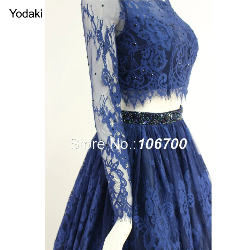 

Two Pieces White Blue Lace Short Prom Dresses Crystal Beads Boat Neck Sheer Party Dress Long Sleeves Open Back Evening Gowns