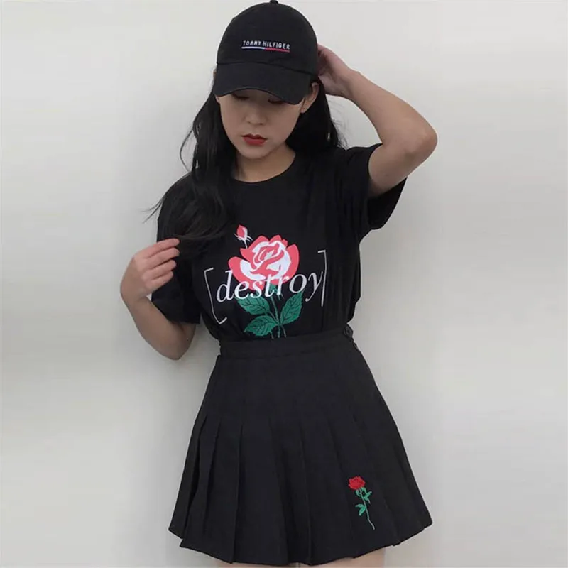 ELEXS женские вышитые розы плиссированные юбки весна лето осень зима женские Kawaii повседневные юбки с высокой талией Harajuku E1129