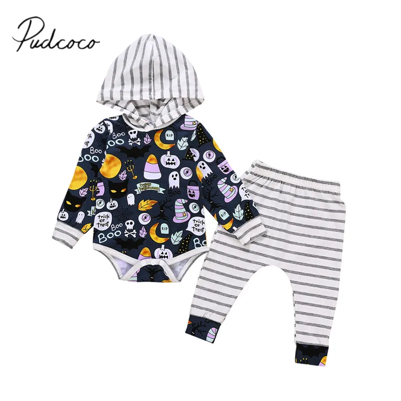 2018 Brand New Halloween Toddler Baby Boy Girl Outfits Clothes Sets 2PCS Long Sleeve Hooded Print Romper Tops Striped Pants | Детская
