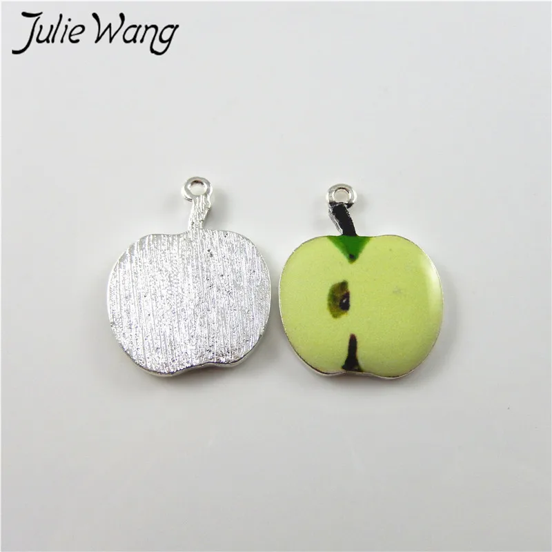 Julie Wang 10pcs Green Apple Kiwi Orange Strawberry Cute Fruit Shape Enamel Alloy Little Charms Women Jewelry Findings Hot Sale