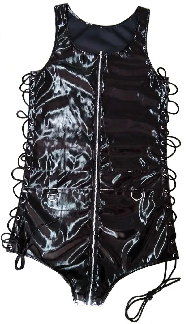 Мужской боди в стиле панк из черной лакированной кожи сексуальный без рукавов с