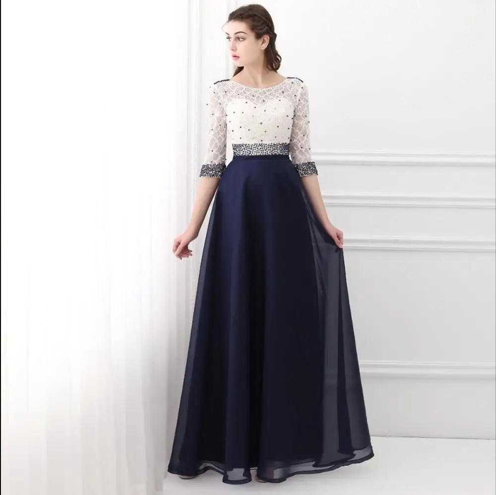 Vestidos De Baile ТРАПЕЦИЕВИДНОЕ белое и темно-синее платье с бисером для выпускного вечера, длинные шифоновые женские вечерние платья с коротким рукавом - Цвет: same as picture