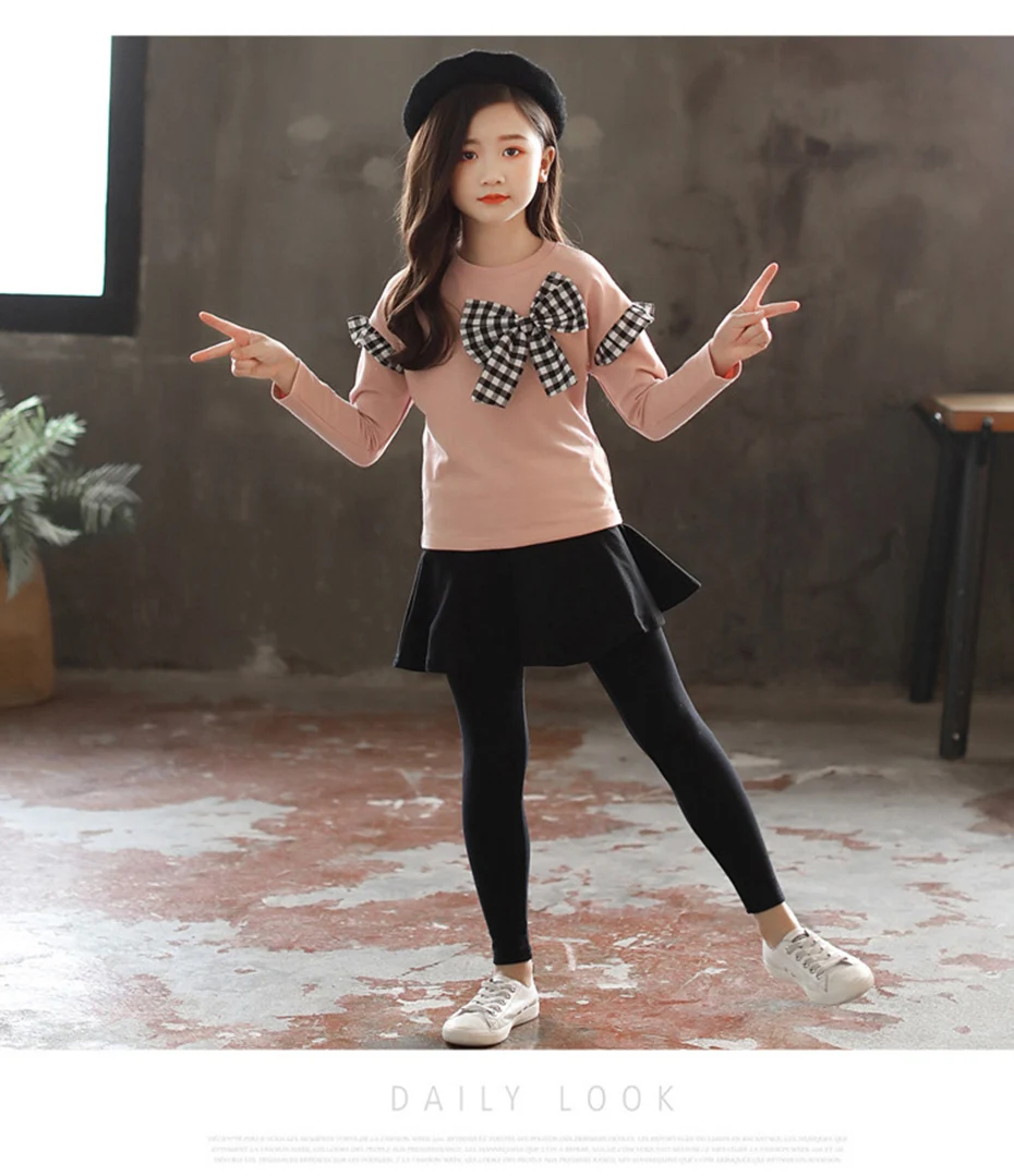 Girl clothes suit bow shirt+ autumn suit girl winter children clothes casual teenager girl clothes 4 6 8 12 years