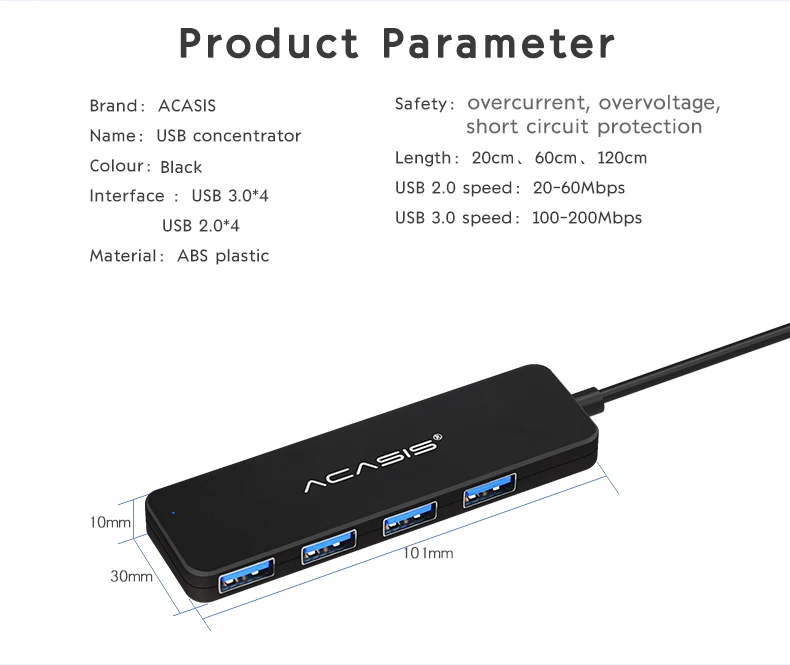 Acasis USB 2,0 3,0 Компактный светильник Портативный высокоскоростной usb-хаб для Usb 2,0 3,0 USB разветвитель r ноутбук 4 порта адаптер